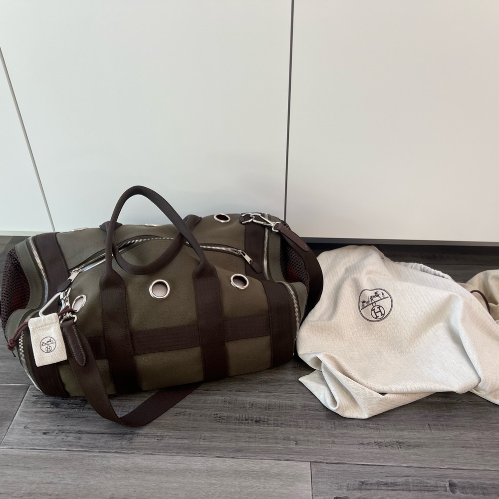 Hermes Careying Dog Travel Bag - Green Canvas